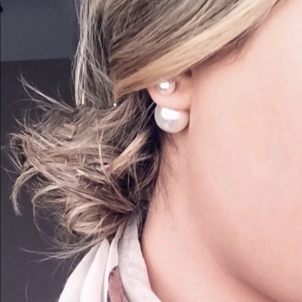 Best Seller! Minimalist Double Sided Pearl Earrings, Gift Post Bead Earrings - Picture 2 of 9